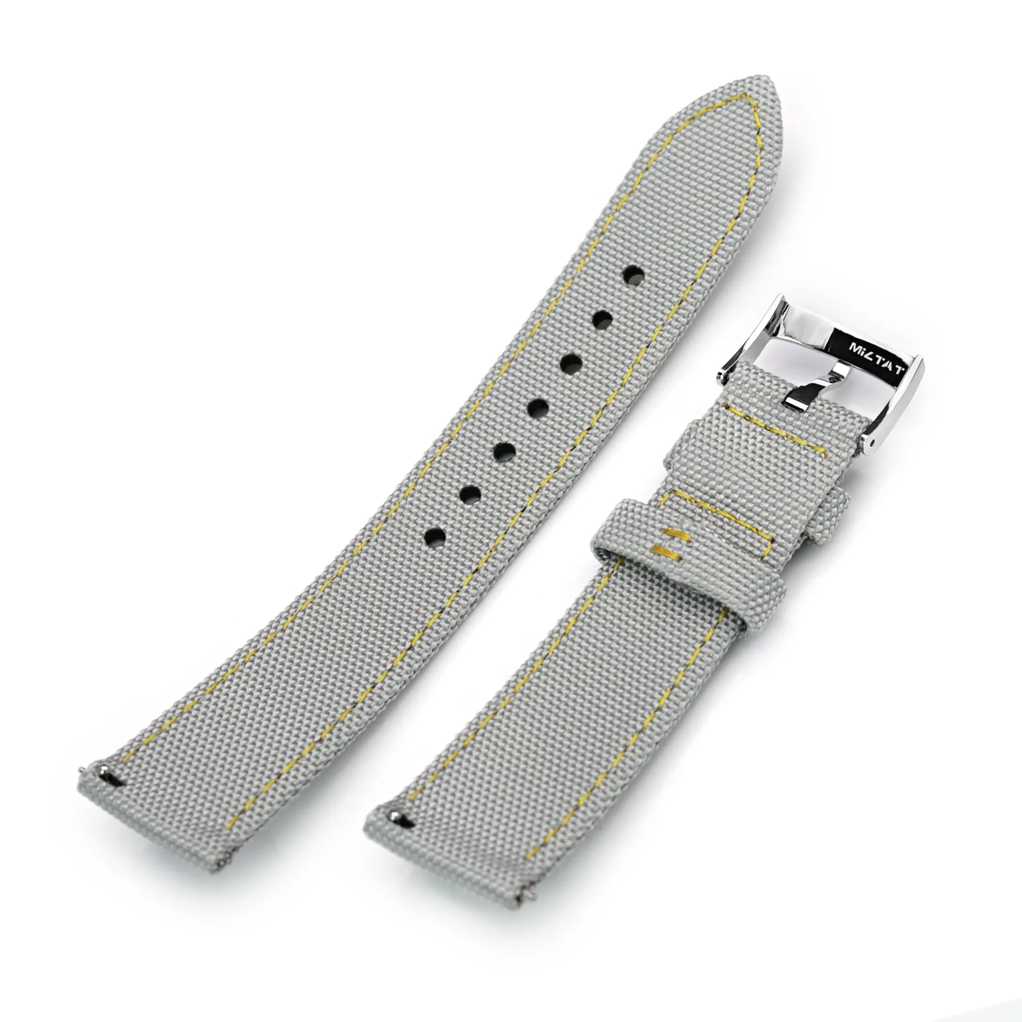 20mm Sailcloth Strap Light Grey Quick Release Nylon Watch Band, Yellow Stitching