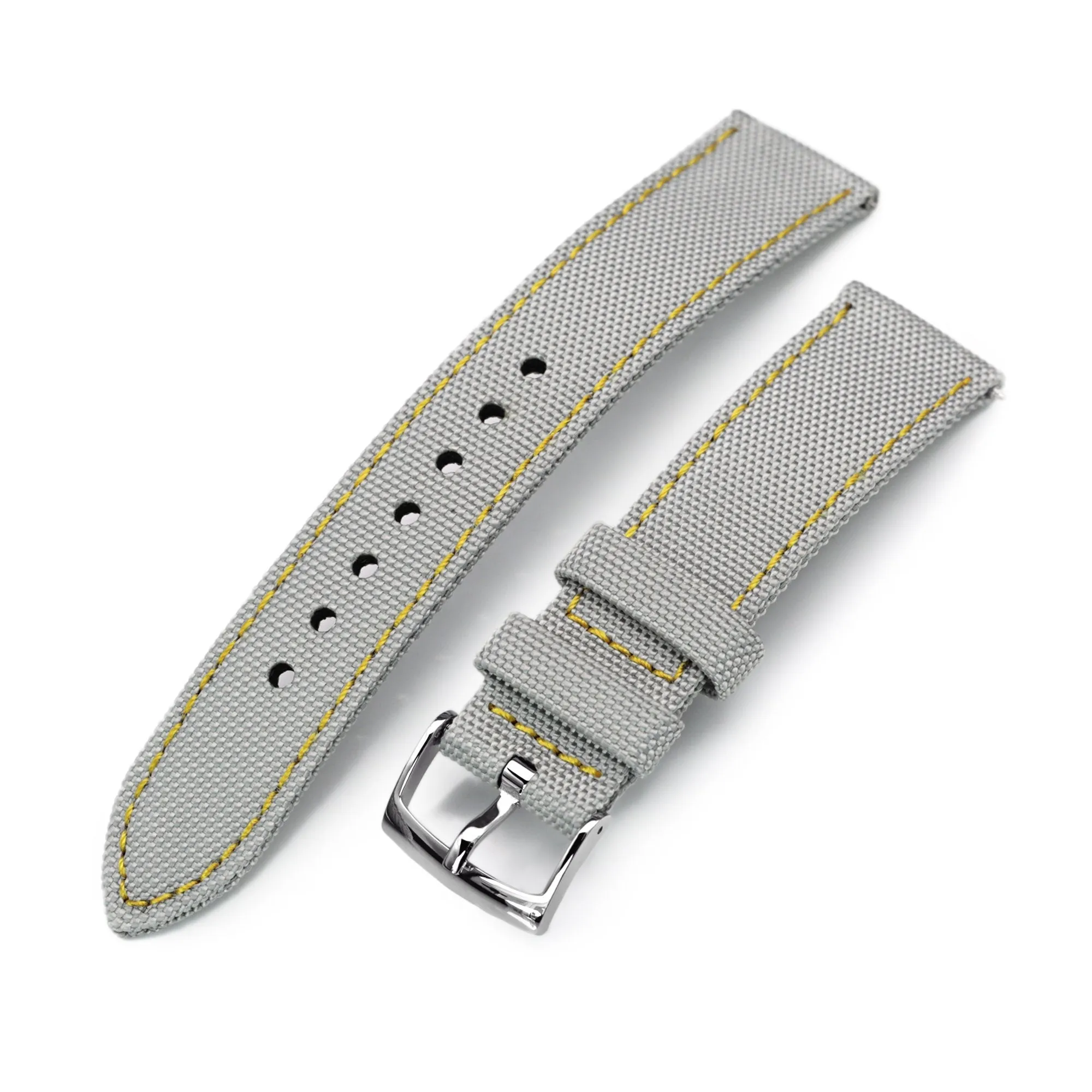 20mm Sailcloth Strap Light Grey Quick Release Nylon Watch Band, Yellow Stitching