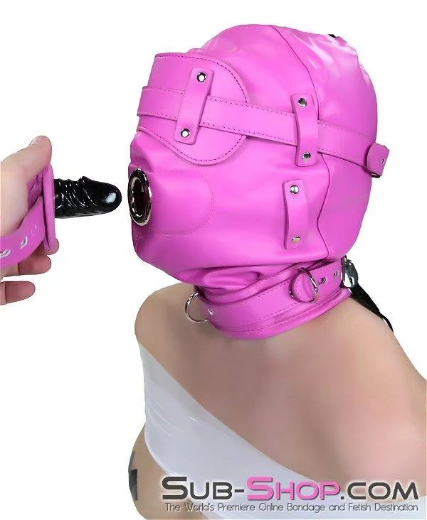 4730RS      Hot Fantasy Hot Pink Full Locking Hood with Removable Blindfold & Penis Gag