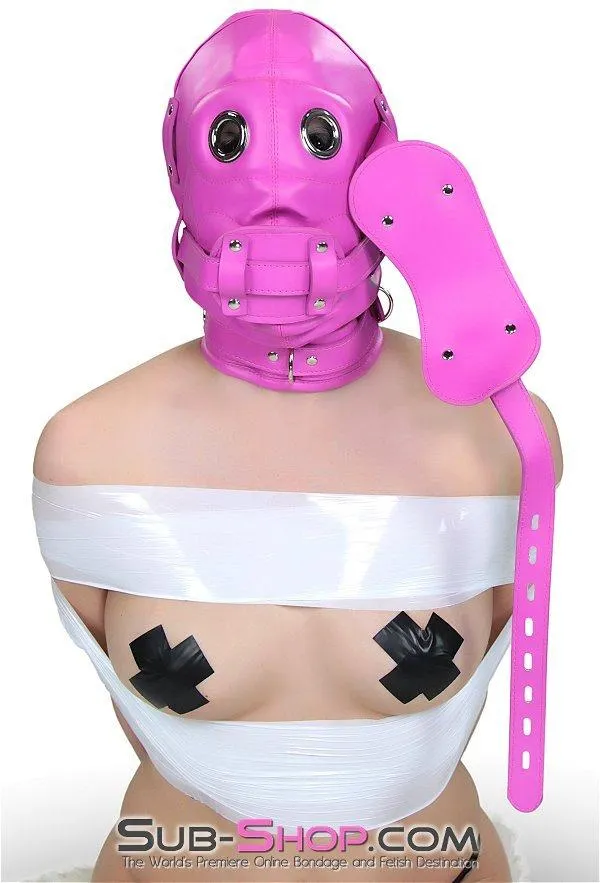 4730RS      Hot Fantasy Hot Pink Full Locking Hood with Removable Blindfold & Penis Gag