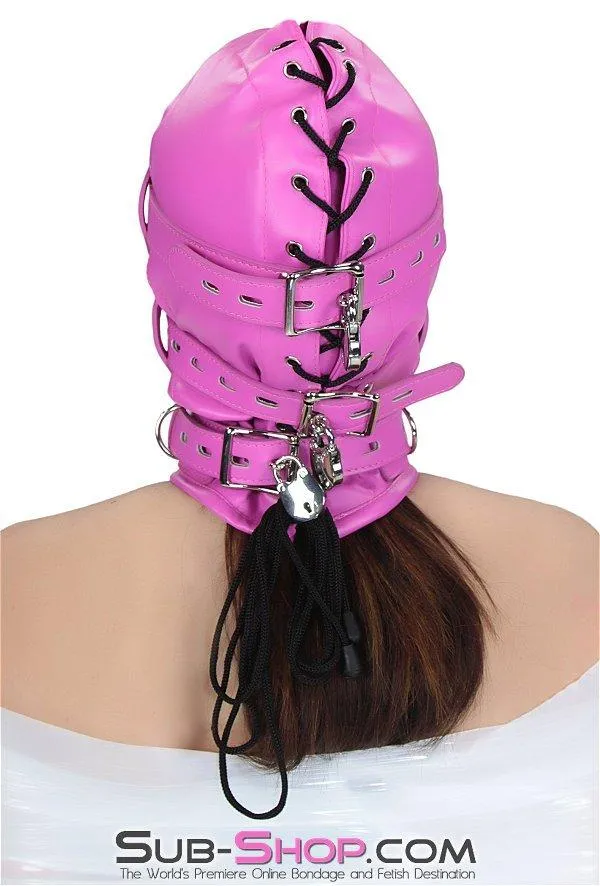 4730RS      Hot Fantasy Hot Pink Full Locking Hood with Removable Blindfold & Penis Gag