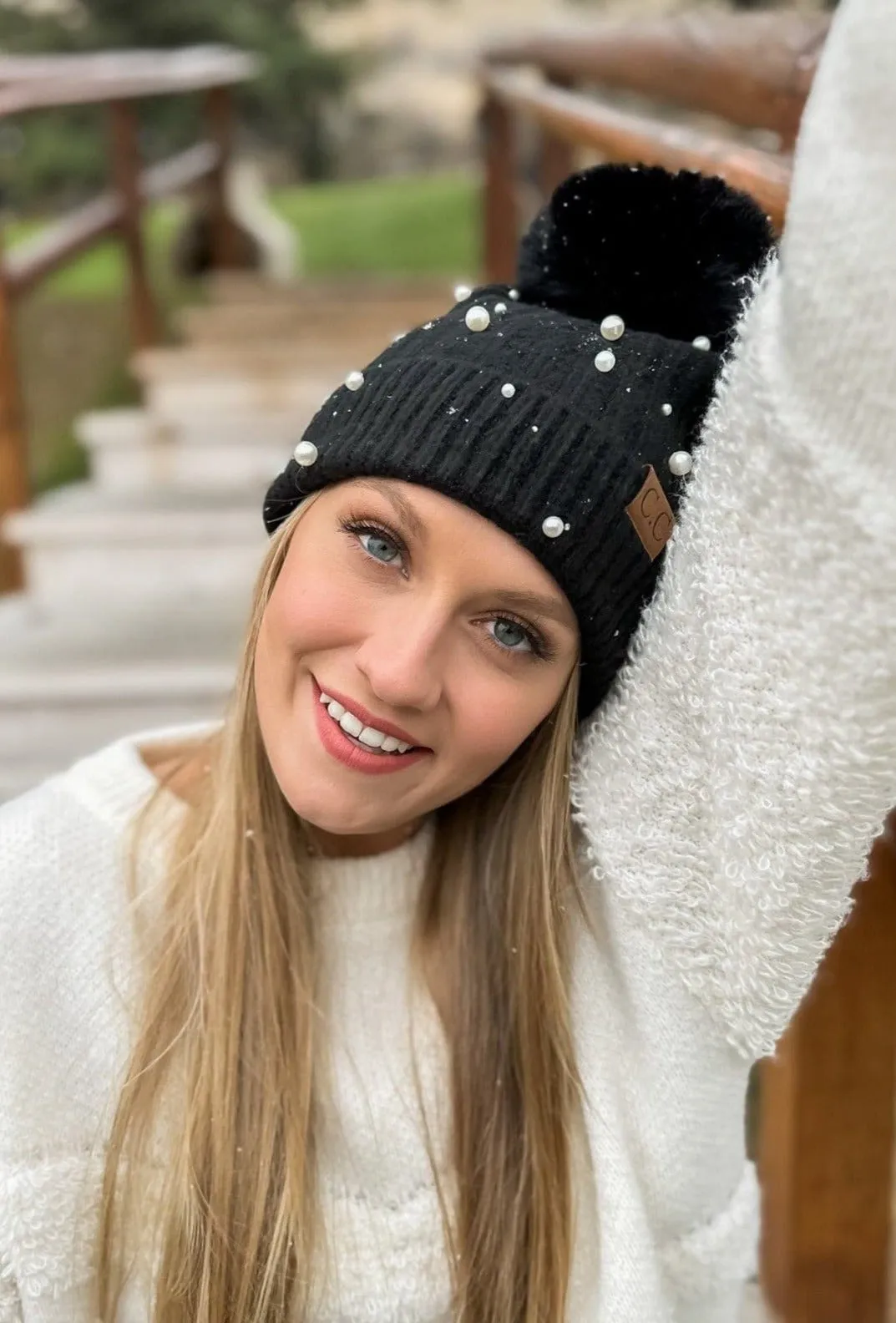 HAT4008 Naomi Pearl Embellished Pom Beanie