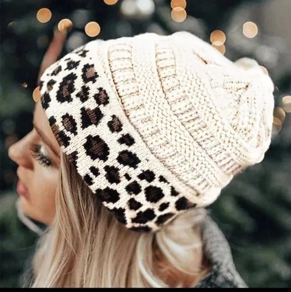 HAT80 Leopard Cuff Rib Beanie