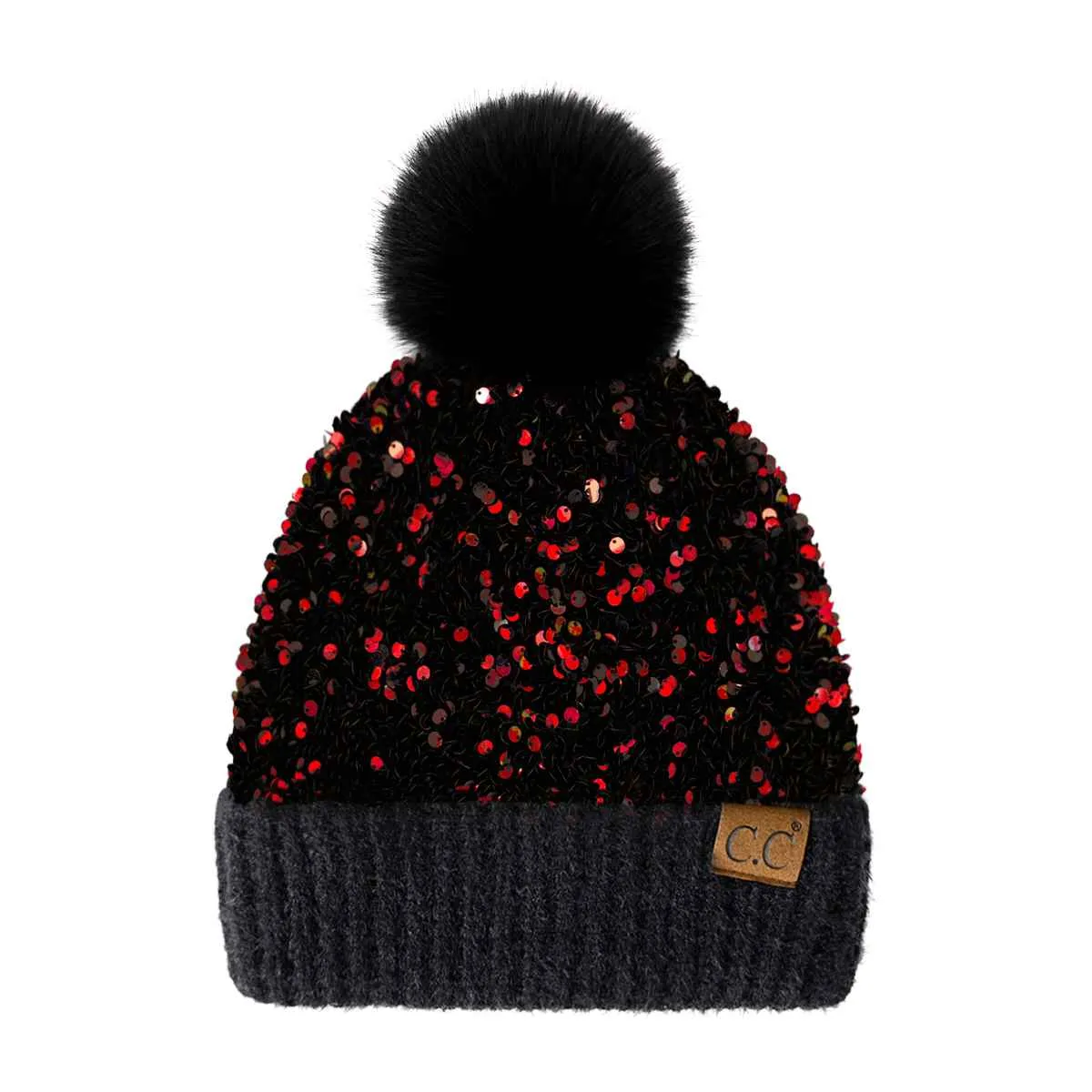 HTE0012 Scarlet Cluster Sequin Pom Beanie