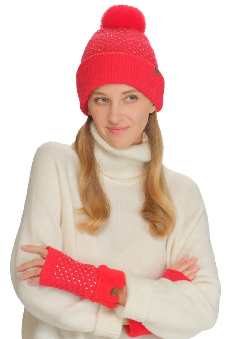 HTE0101 Rhinestone All Over Pom Beanie