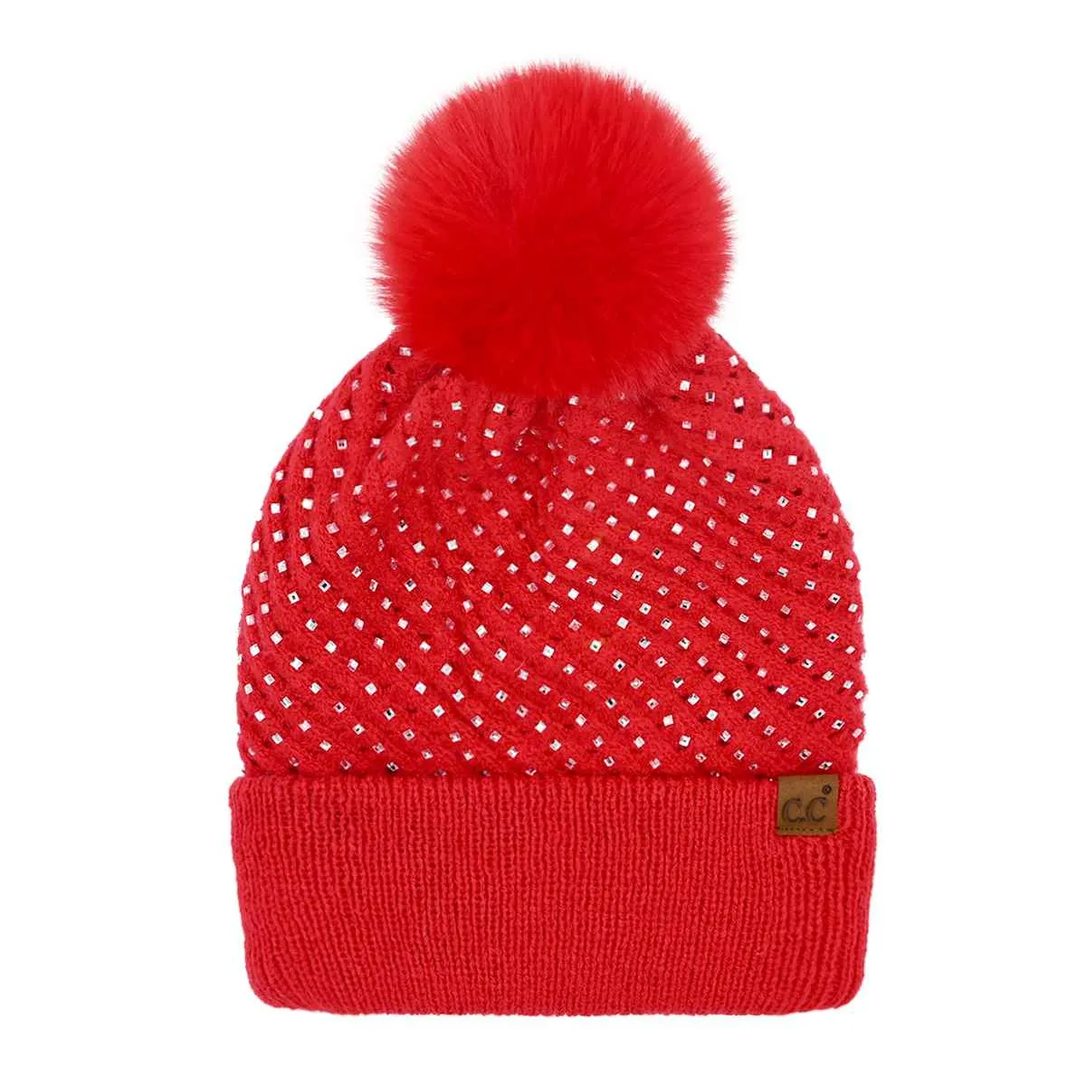 HTE0101 Rhinestone All Over Pom Beanie