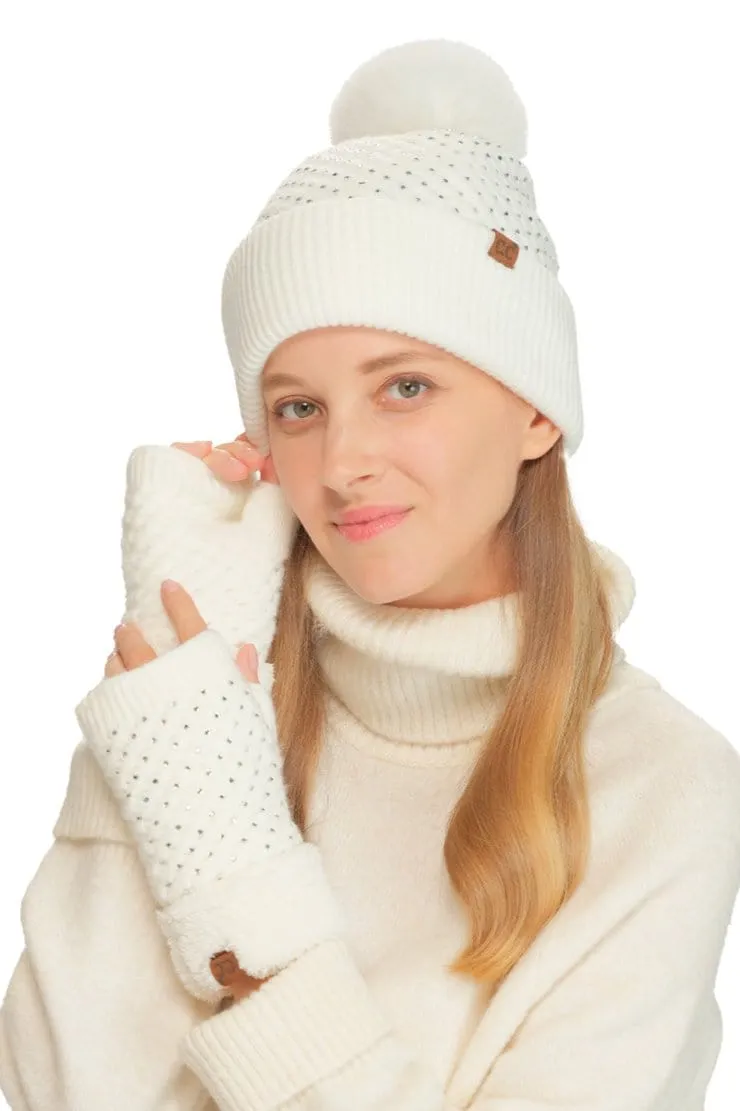 HTE0101 Rhinestone All Over Pom Beanie