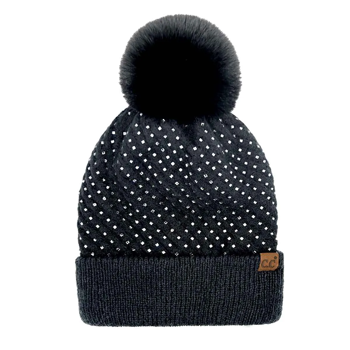 HTE0101 Rhinestone All Over Pom Beanie