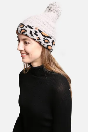 JH303 Leopard Cuffed  Super Lux Lined Pom-Pom Beanie