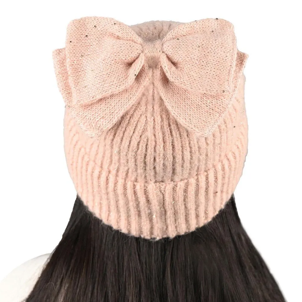 MBE0104 Messy Bun Bow With Sequins Beanie