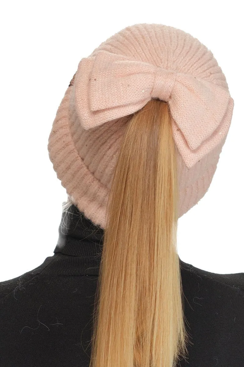 MBE0104 Messy Bun Bow With Sequins Beanie