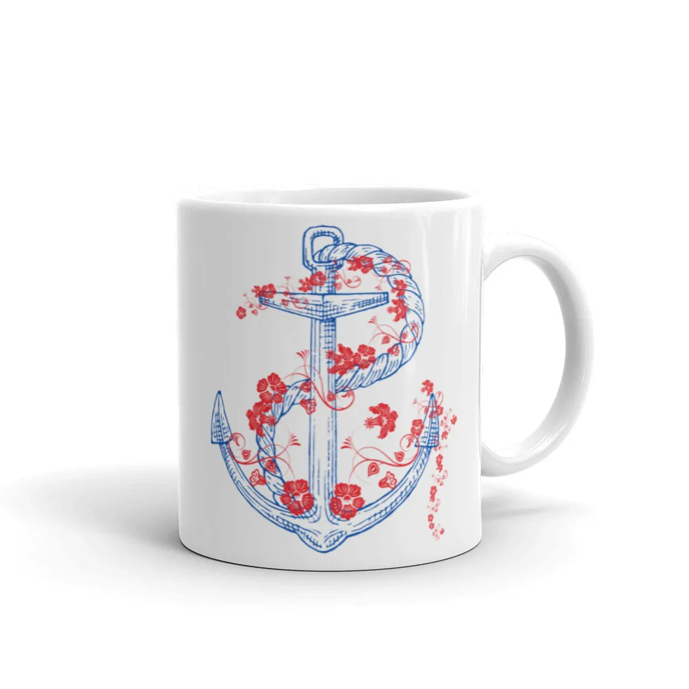 Nautical Anchor with floral rope coffee mugs, lioness-love