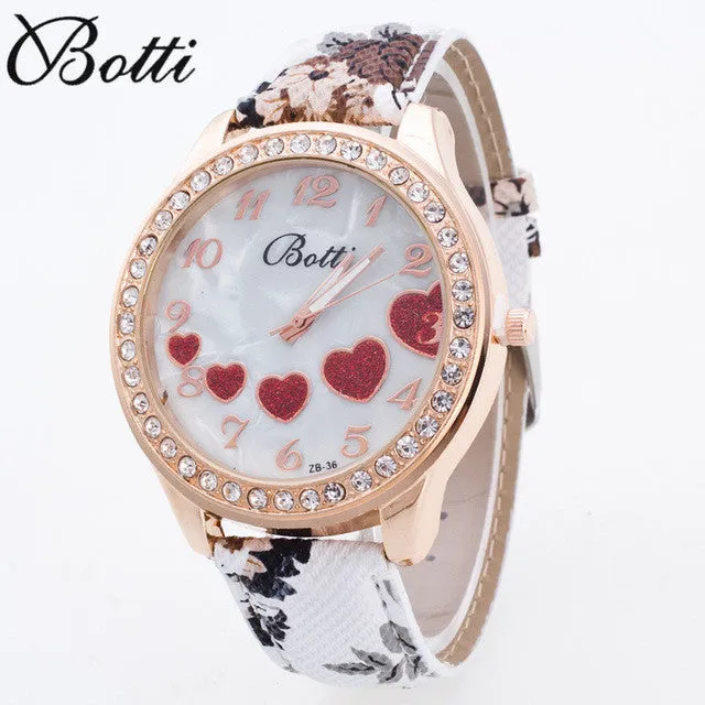 New Crystal Sweet Heart Women Watches 2016 Fashion Large Casual Wristwatch Floral Strap Quartz Watch Relojes Clock Women