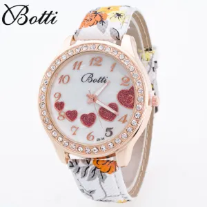 New Crystal Sweet Heart Women Watches 2016 Fashion Large Casual Wristwatch Floral Strap Quartz Watch Relojes Clock Women