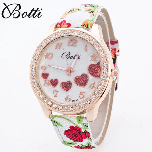 New Crystal Sweet Heart Women Watches 2016 Fashion Large Casual Wristwatch Floral Strap Quartz Watch Relojes Clock Women