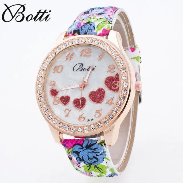 New Crystal Sweet Heart Women Watches 2016 Fashion Large Casual Wristwatch Floral Strap Quartz Watch Relojes Clock Women