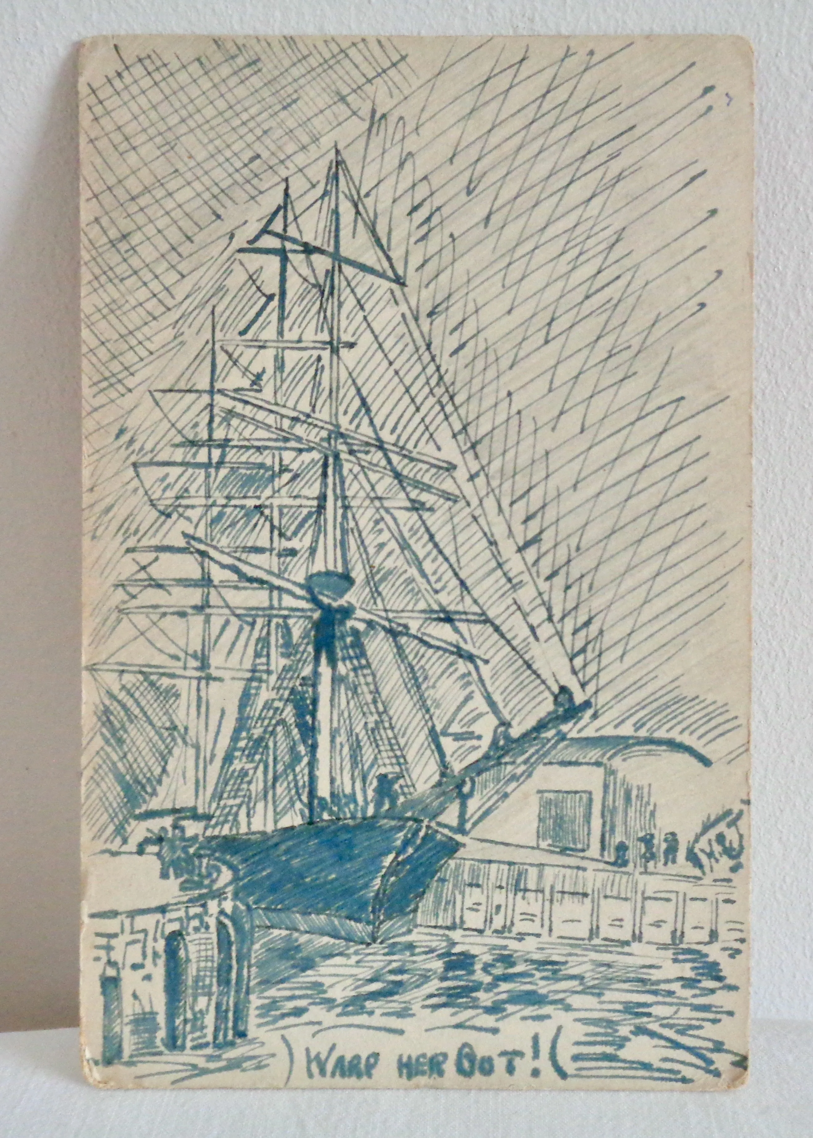 Original WW1 Warp Her Bot Sailing Boat Pen and Ink Postcard By HSJ