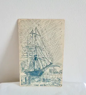 Original WW1 Warp Her Bot Sailing Boat Pen and Ink Postcard By HSJ