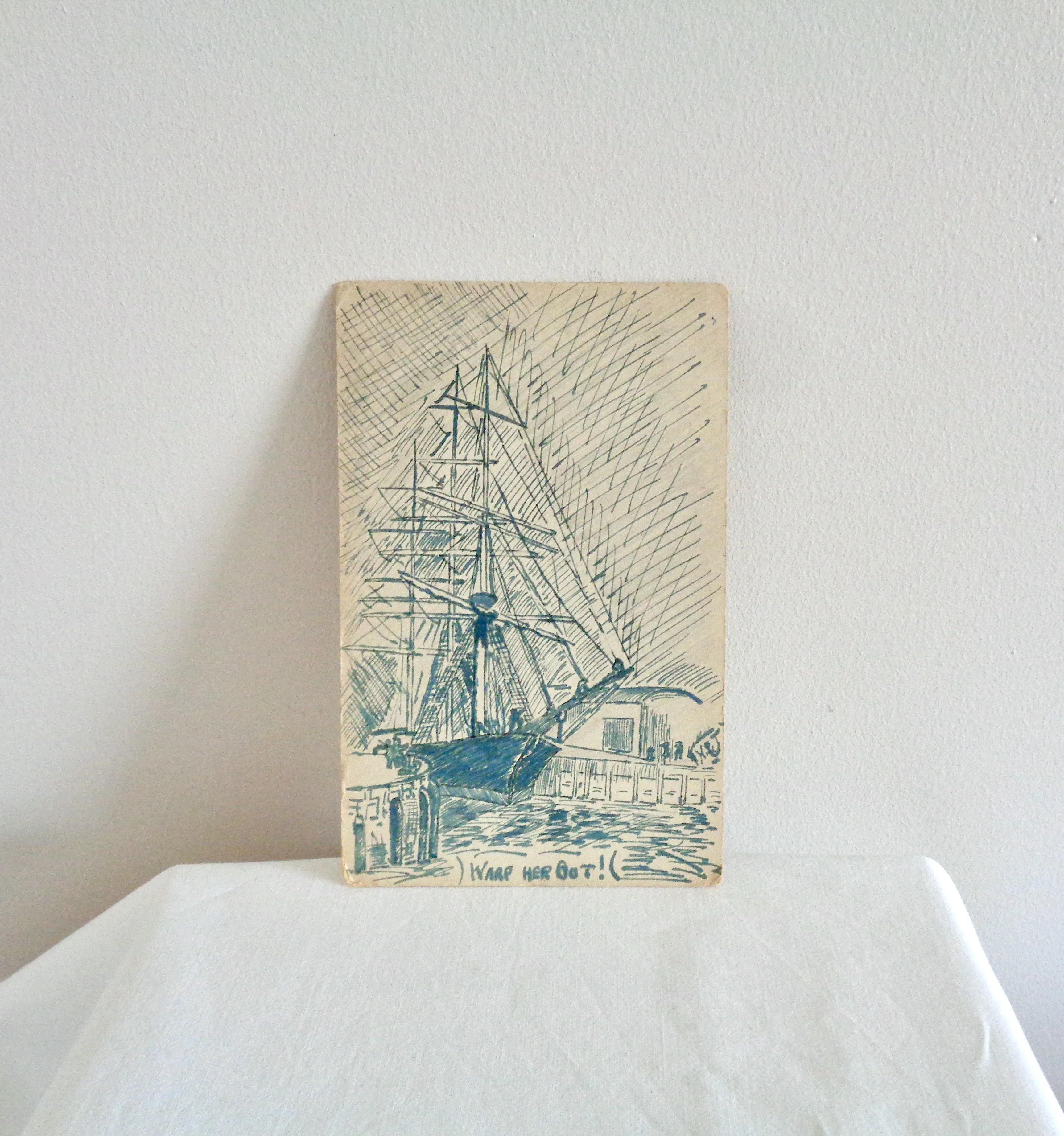 Original WW1 Warp Her Bot Sailing Boat Pen and Ink Postcard By HSJ