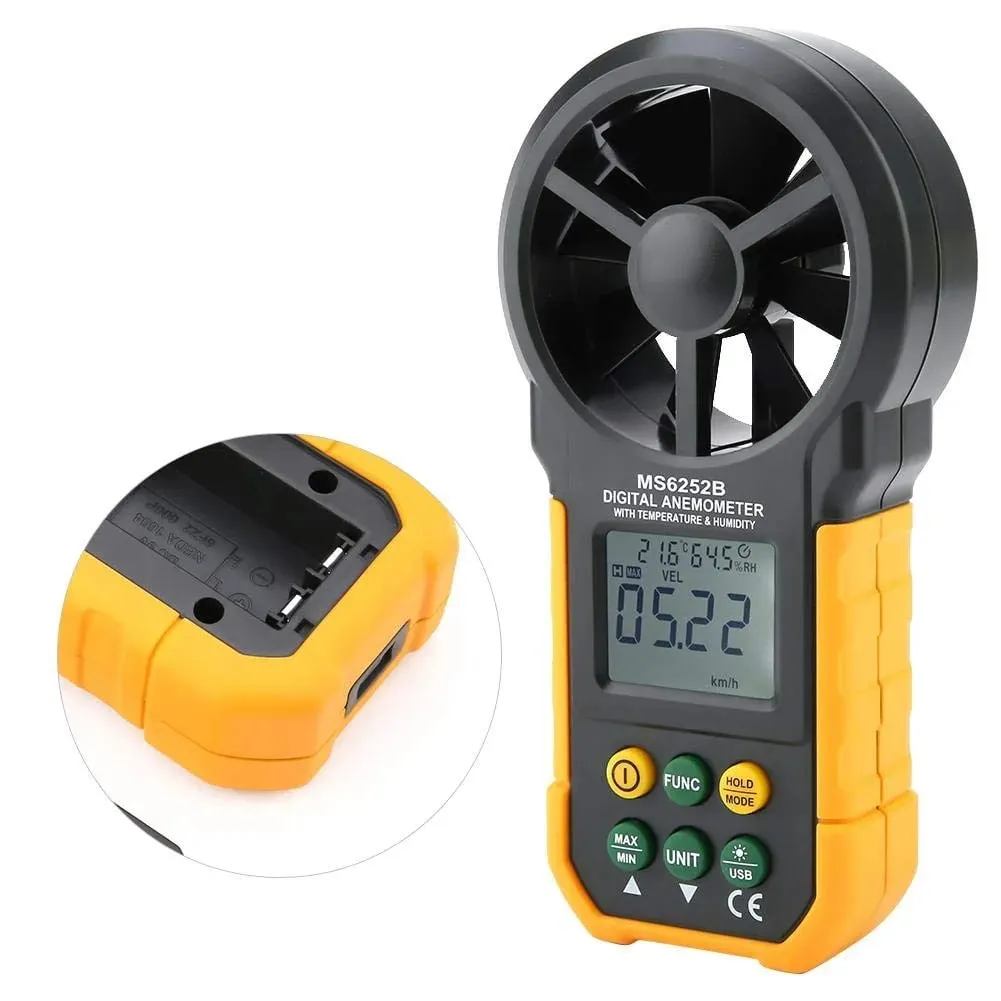 PEAKMETER PM6252B Digital Anemometer Air Speed Velocity Air Flow Meter with Air Temperature Humidity RH USB Port