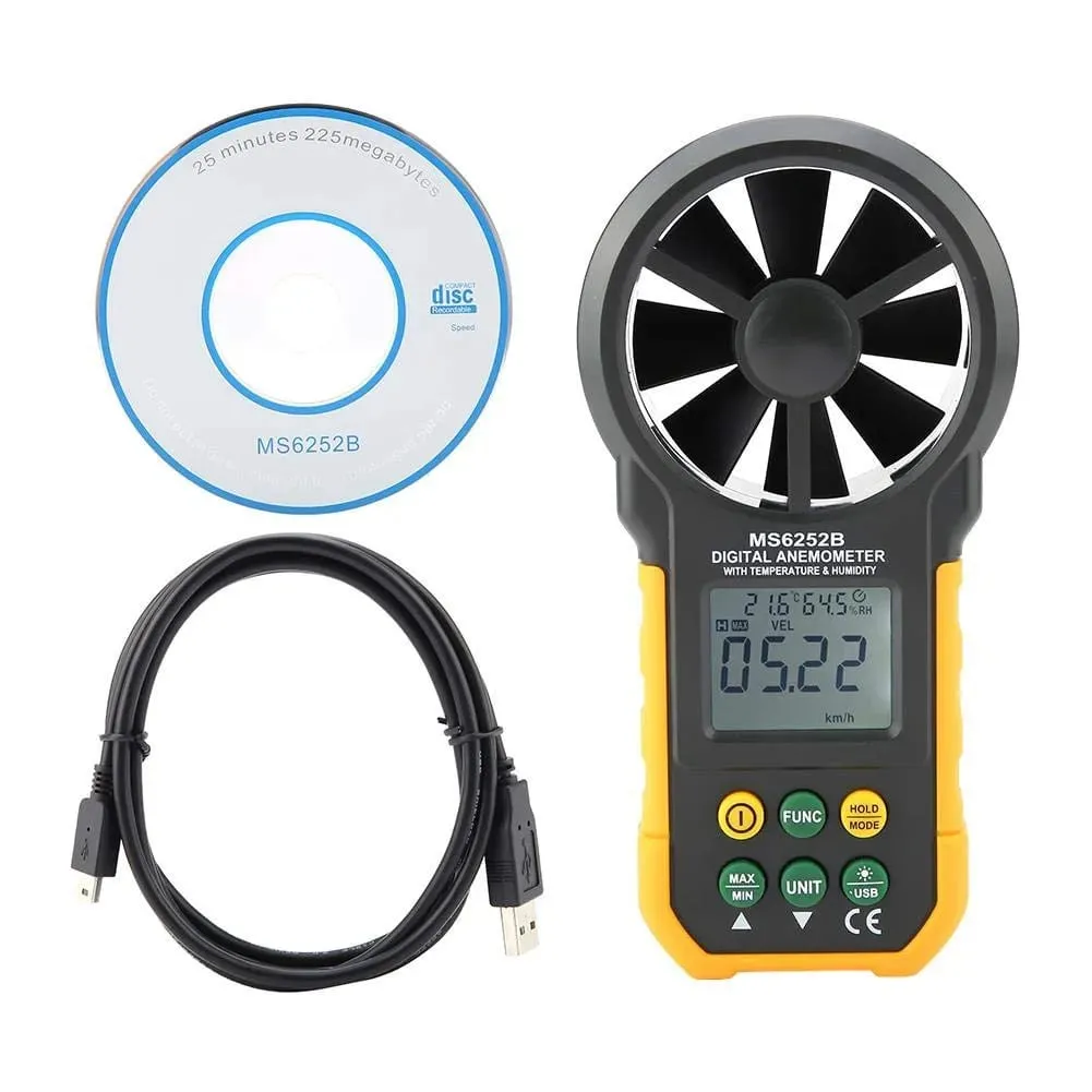 PEAKMETER PM6252B Digital Anemometer Air Speed Velocity Air Flow Meter with Air Temperature Humidity RH USB Port