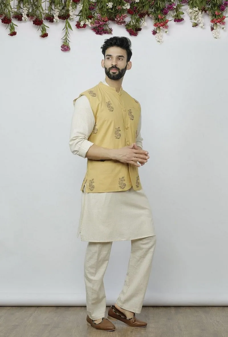 Set of 3 - Off White Kurta Pyjama with Light Brown Nehru Jacket