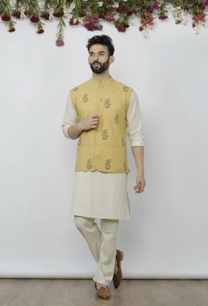 Set of 3 - Off White Kurta Pyjama with Light Brown Nehru Jacket