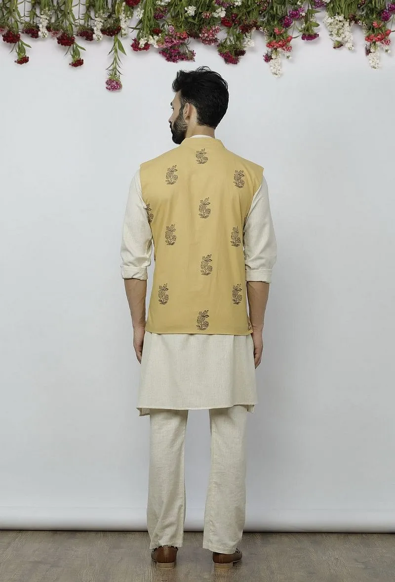 Set of 3 - Off White Kurta Pyjama with Light Brown Nehru Jacket